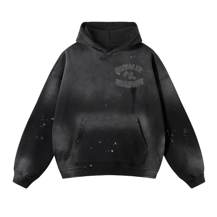 Vintage Wash Frayed Hoodie (Black)